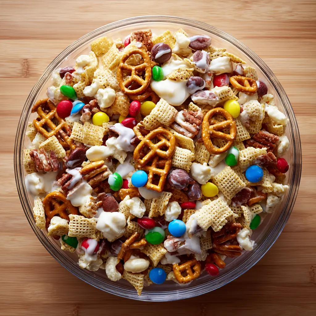 White Chocolate Trash Snack Mix (The Easiest Holiday Treat!) 2 An extreme close-up overhead shot of the sweet and salty white chocolate party mix, showing the texture of the coated cereal and pretzels.
