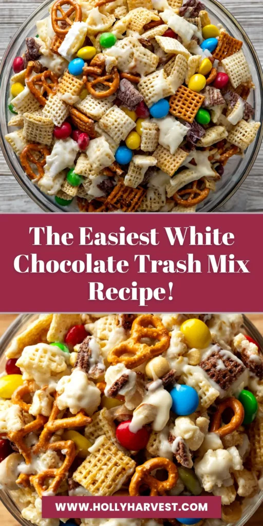 White Chocolate Trash Snack Mix (The Easiest Holiday Treat!) 3 A beautiful overhead shot of White Chocolate Trash Snack Mix spread out on parchment paper, ready for a party. The perfect easy holiday treat.
