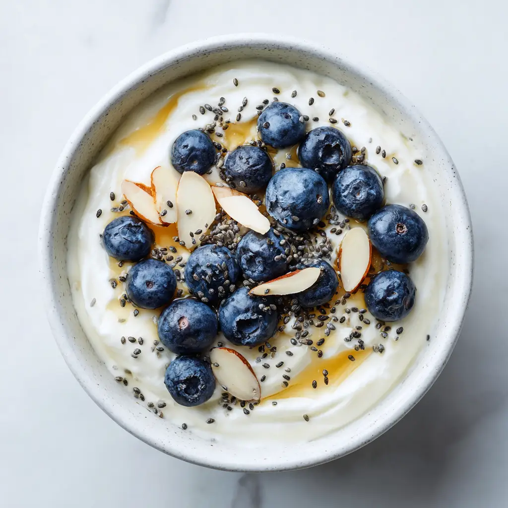 A detailed shot of fresh blueberries and crunchy granola being sprinkled on top of the high protein blueberry bowl.