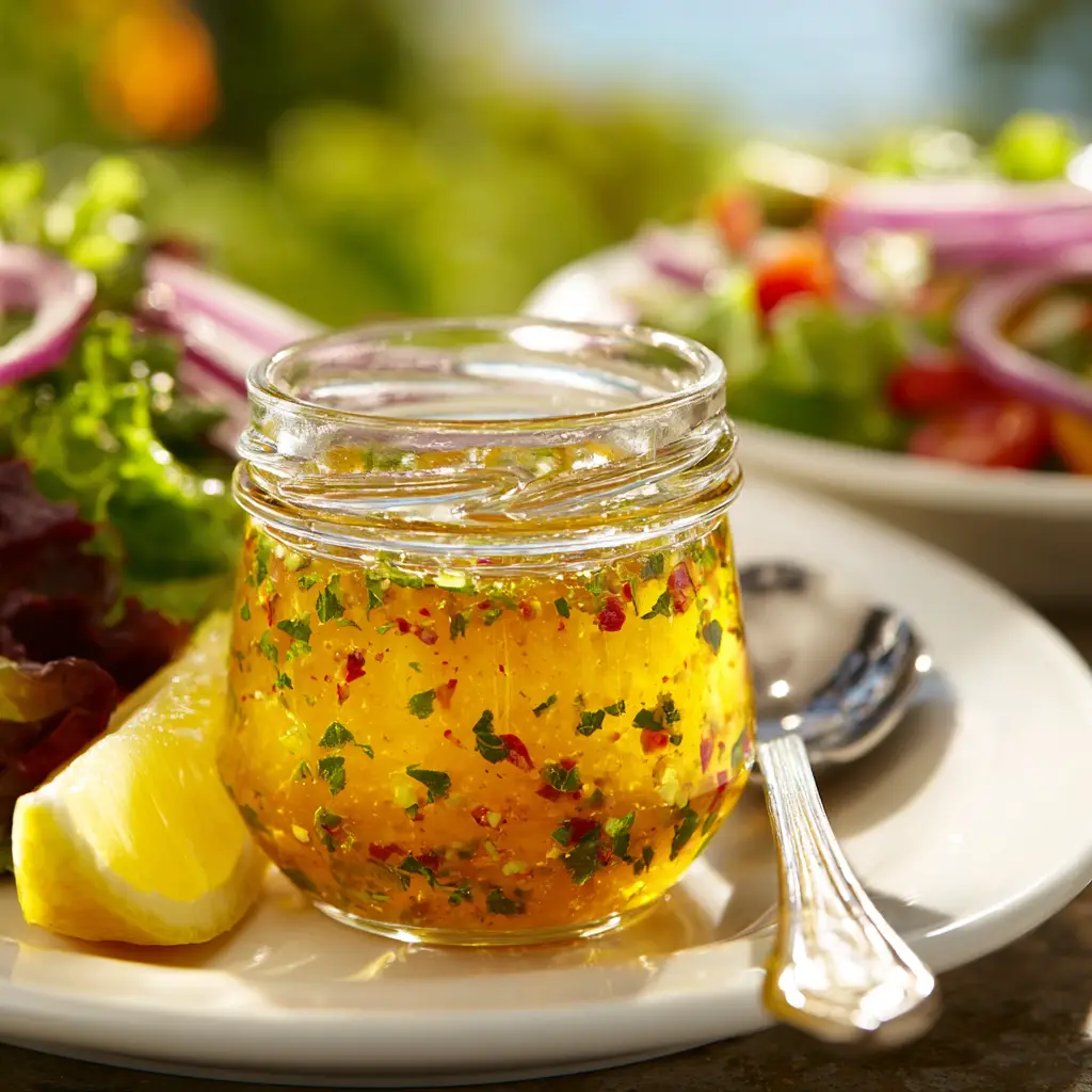 A zesty lemon dressing being poured over a fresh green salad, highlighting its use.