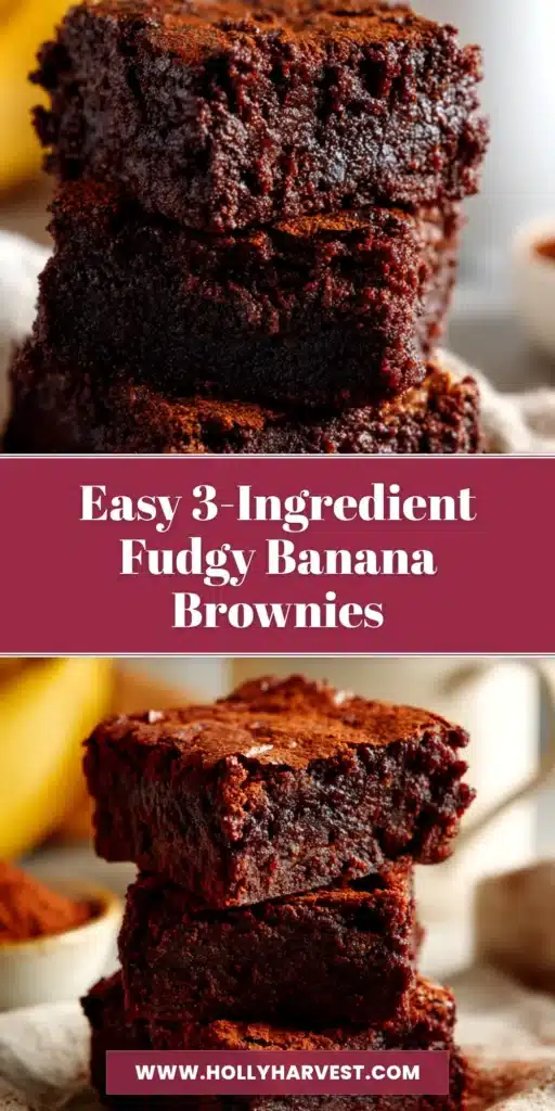 A stack of fudgy 3-ingredient banana brownies on a wooden board, with one brownie broken to show the moist interior. A simple, healthy dessert recipe.