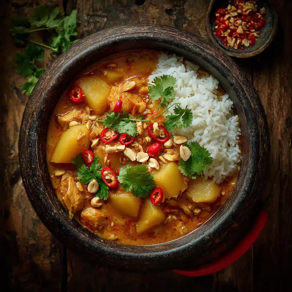 Massaman Curry: The Ultimate Guide to Rich & Creamy Thai Flavor 1 A rustic stoneware bowl filled with aromatic Massaman Curry, highlighting the vibrant colors of the sauce and fresh ingredients.