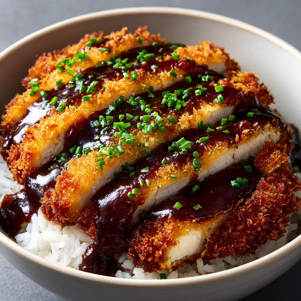 Japanese Katsu Bowls (Crispy & Easy Recipe) 1 Assembling Japanese Katsu Bowls with perfectly cooked rice, sliced chicken katsu, and fresh toppings.