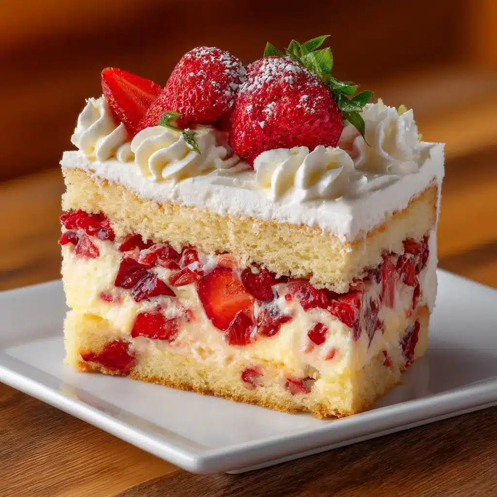 A detailed photo showing the creamy custard filling being spread over the bottom layer of the vanilla cake during assembly of the layered strawberry cake.
