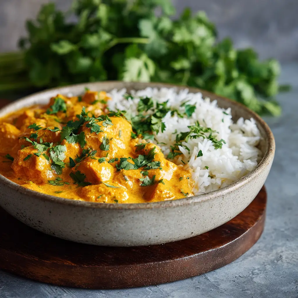 A full serving of authentic butter chicken garnished with fresh cream and cilantro, served alongside fluffy naan bread for dipping.