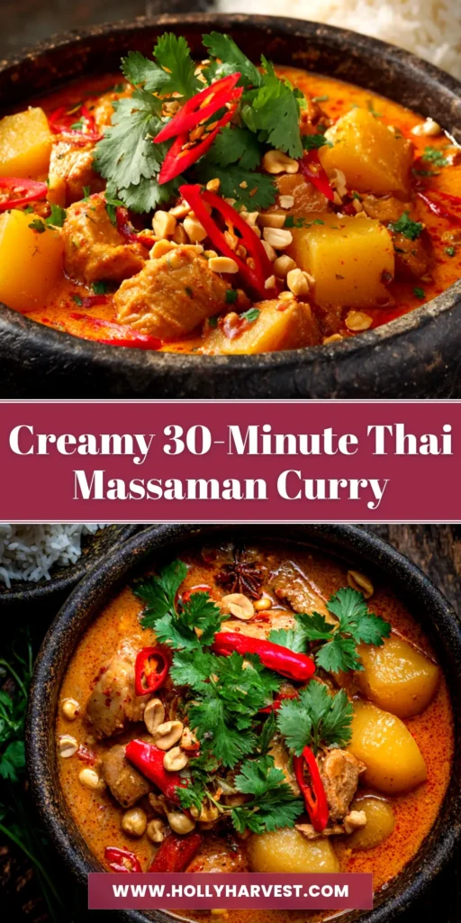 Massaman Curry: The Ultimate Guide to Rich & Creamy Thai Flavor 3 A beautiful bowl of homemade Massaman Curry with chicken, potatoes, and peanuts, ready to be shared on Pinterest. The rich, creamy sauce is garnished with fresh cilantro.