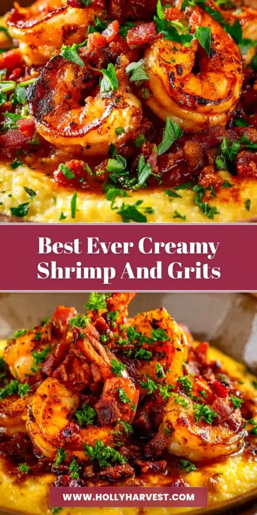 A beautiful bowl of Southern-style shrimp and grits recipe. Creamy, cheesy grits are topped with savory shrimp, bacon, and fresh herbs, ready to be eaten.