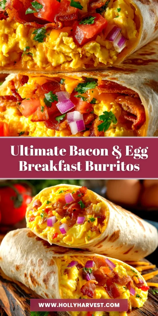 Bacon & Egg Breakfast Burritos (The Ultimate 20-Minute Recipe) 4 A perfectly golden-brown Bacon & Egg Breakfast Burrito cut in half to show the fluffy scrambled eggs, crispy bacon, and melted cheese inside. A perfect freezer-friendly breakfast idea.