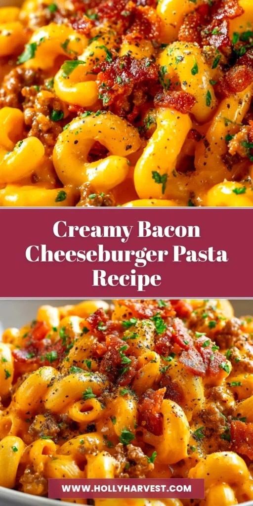 A large white bowl filled with creamy bacon cheeseburger pasta, garnished with fresh parsley and crispy bacon bits, ready to be served.