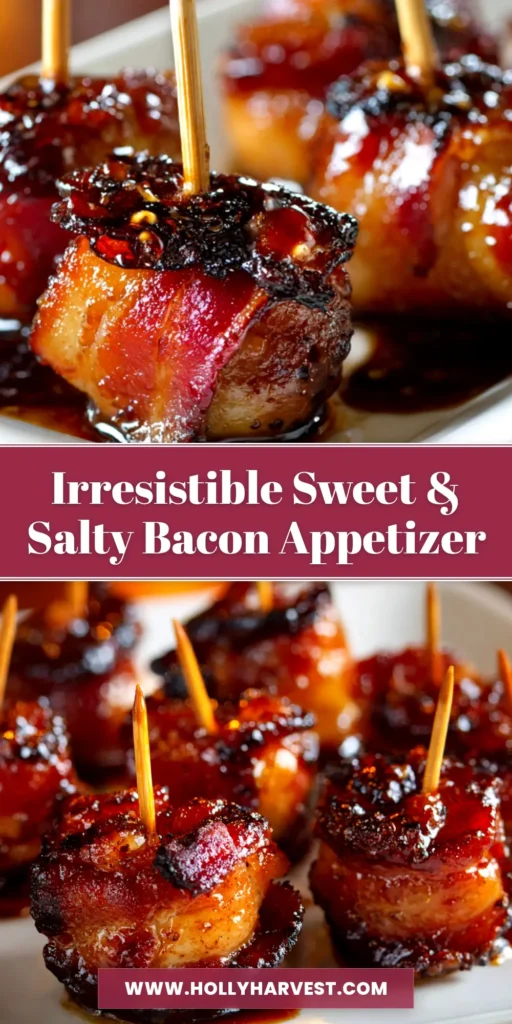 A platter of crispy bacon wrapped water chestnuts, glistening with a sweet and savory brown sugar glaze. The perfect party appetizer.