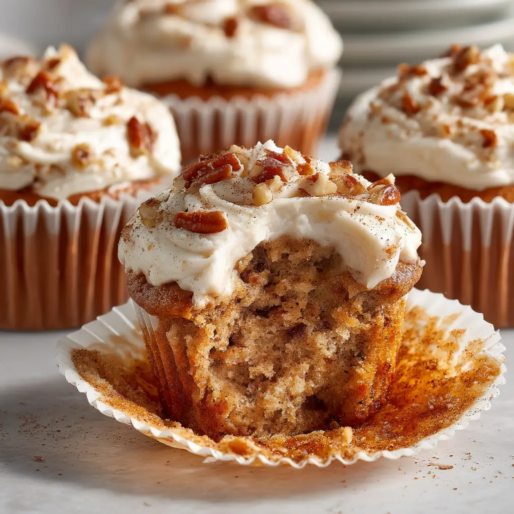 A batch of freshly baked banana pecan cupcakes cooling on a wire rack before being frosted.