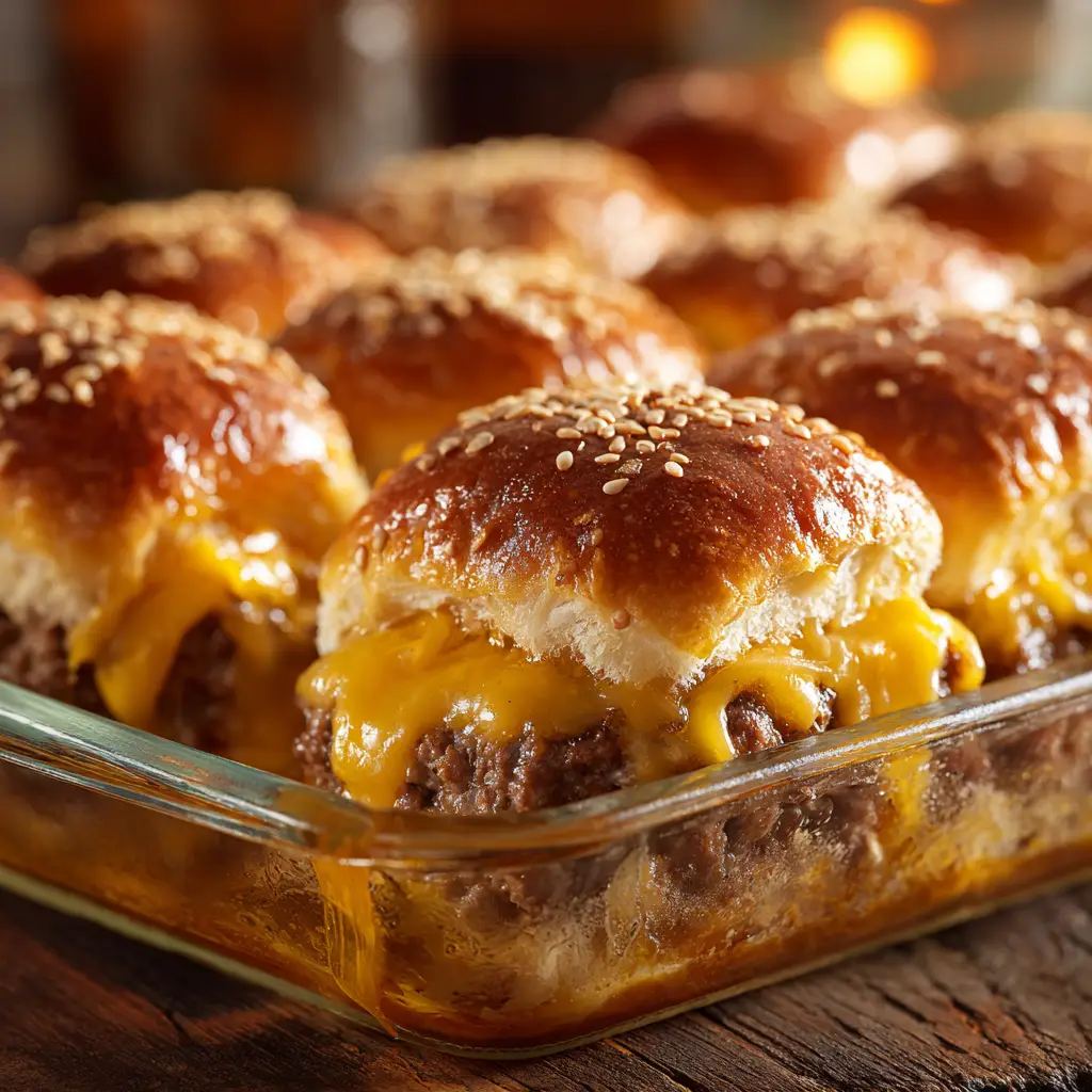 Cheeseburger Sliders: The Ultimate Party Favorite 2 An extreme close-up of a baked cheeseburger slider, showcasing the melted cheddar cheese, juicy ground beef, and a golden-brown Hawaiian roll.