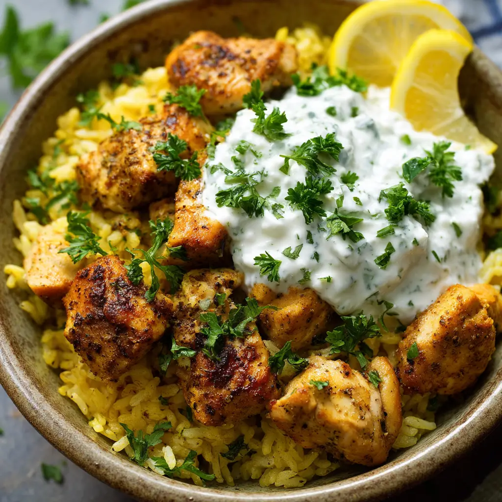 A scoop of the baked chicken and rice casserole on a plate, showing the tender chicken and fluffy rice.