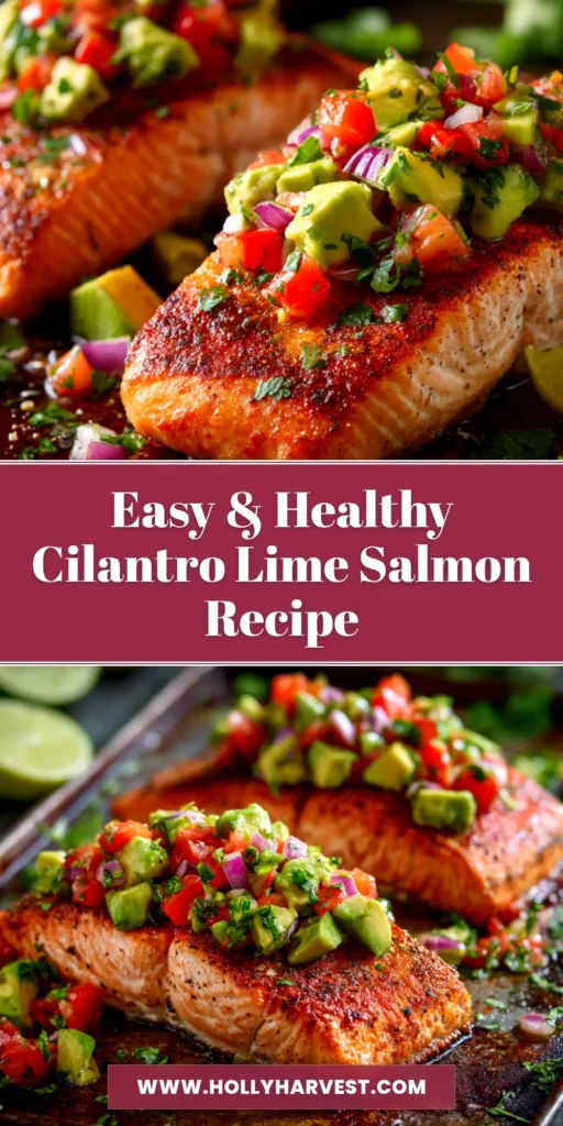 A close-up shot of Baked Cilantro Lime Salmon on a white plate, garnished with fresh cilantro and a lime wedge. The salmon is perfectly cooked and flaky.