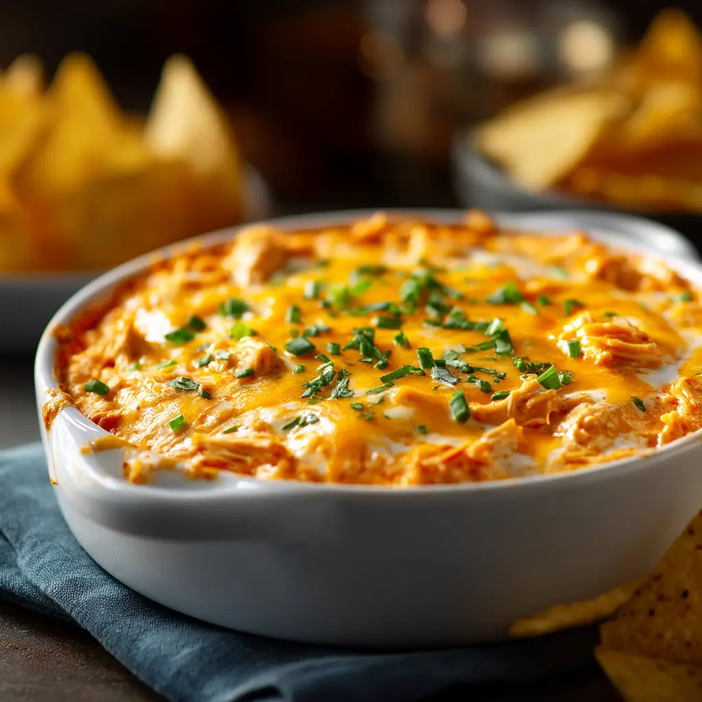 Buffalo Chicken Dip: The Ultimate Creamy & Easy Recipe 2 A close-up shot of baked buffalo chicken dip in a blue ceramic dish, showing its cheesy, bubbly top and creamy texture.