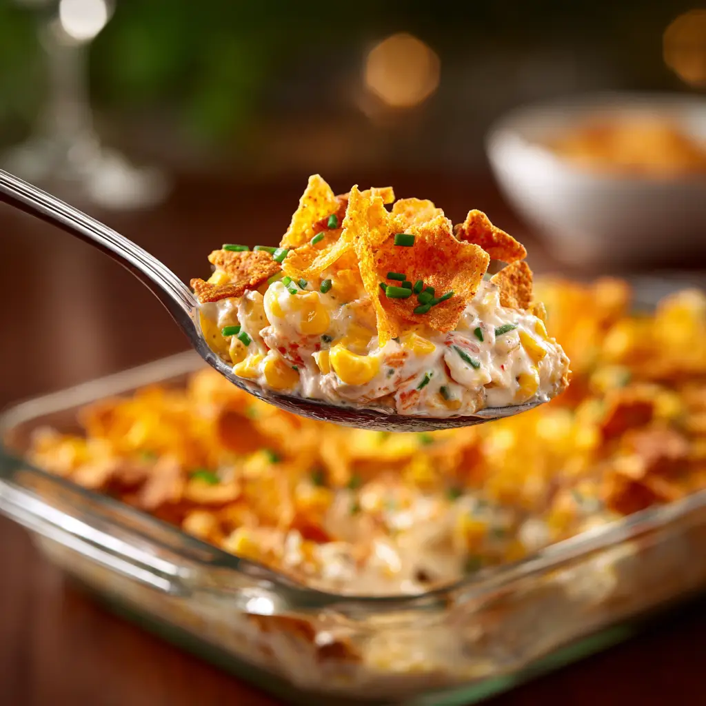 The full 9x13 baking dish of the finished Doritos Chicken Casserole fresh out of the oven, with golden-brown melted cheese on top.