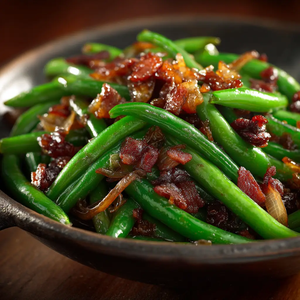 Crack Green Beans: The Irresistibly Addictive Side Dish 2 A close-up shot of baked green beans glistening with a sweet and savory sauce and topped with crispy bacon pieces.