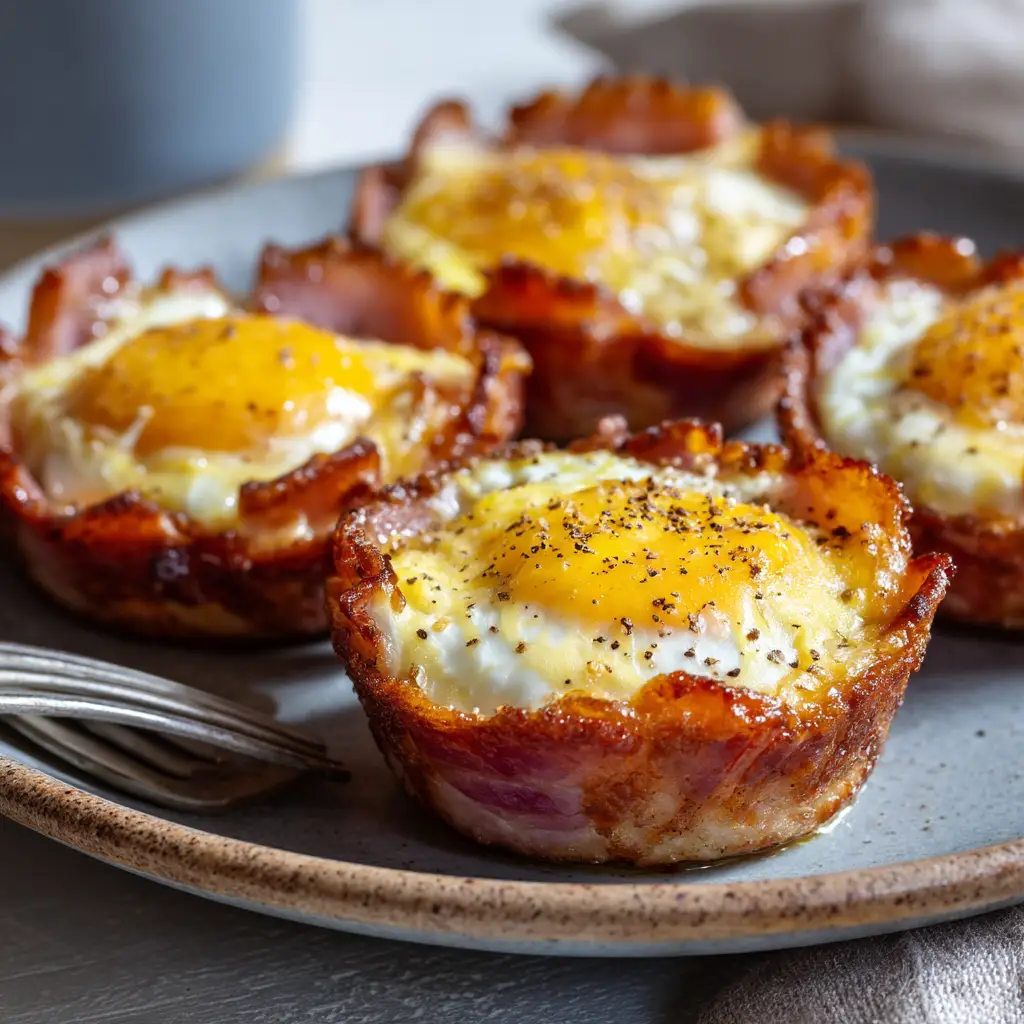 A close-up shot of individual ham and cheese egg muffins on a white plate, garnished with fresh chives. Highlights the texture of the baked egg and crispy ham.