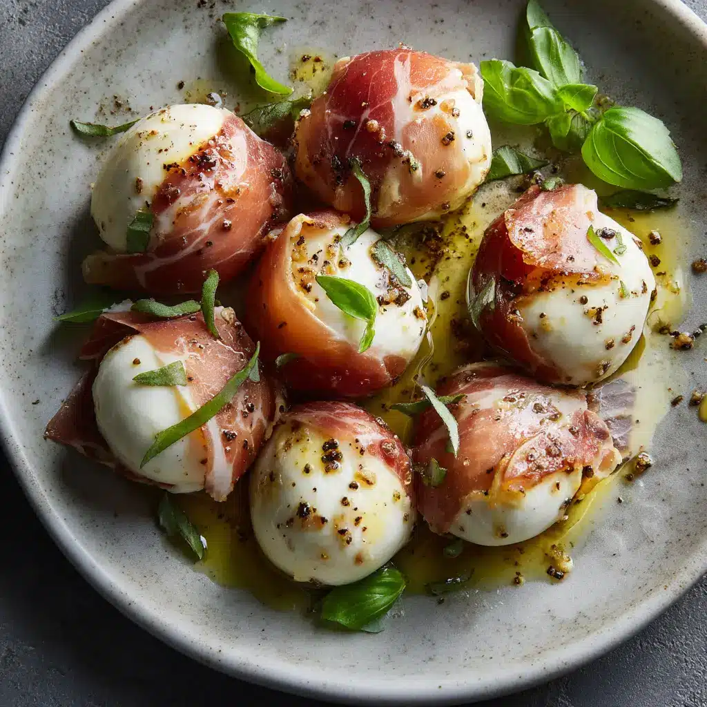 A close-up of a hand holding a single piece of baked prosciutto wrapped mozzarella, with melted cheese visible.