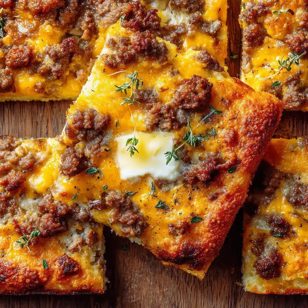 The fully baked Sausage Cheese Sheet Pan Pancakes fresh out of the oven, golden-brown and bubbly, ready to be sliced and served.