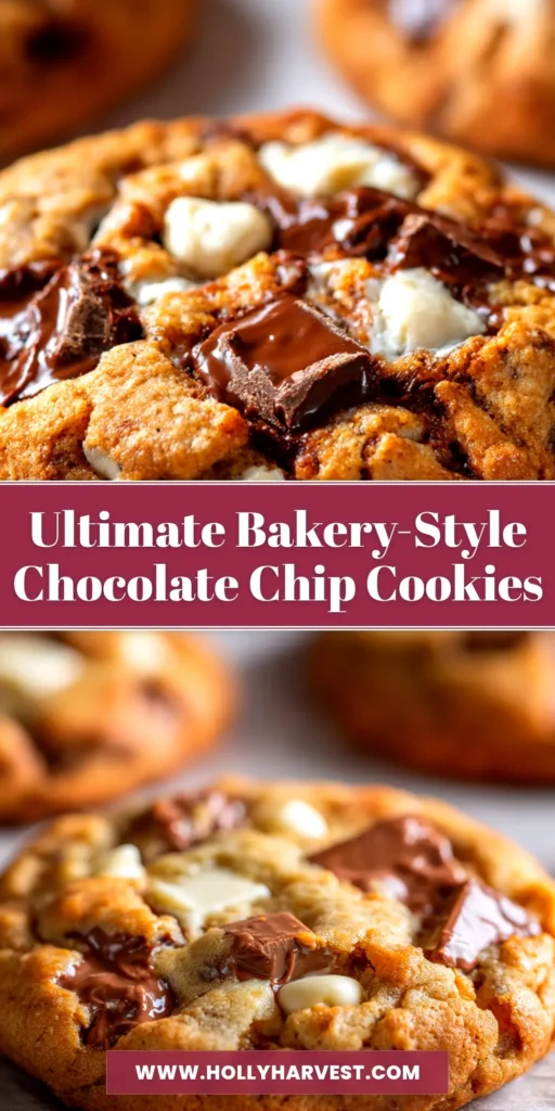 A stack of thick, gooey bakery-style chocolate chip cookies next to a glass of milk. The perfect recipe for chewy, professional-quality cookies at home.