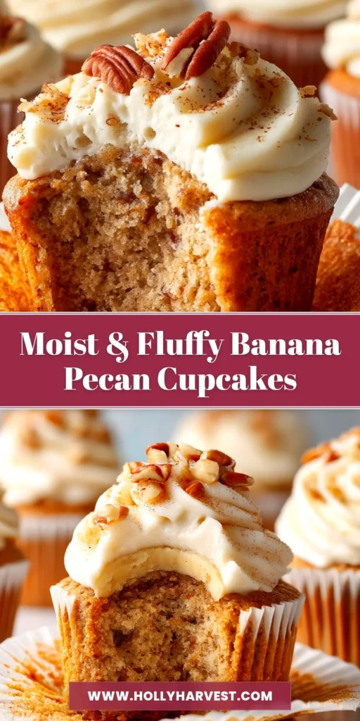 A beautiful overhead shot of several Banana Pecan Cupcakes topped with a generous swirl of brown butter cream cheese frosting and a sprinkle of chopped pecans.