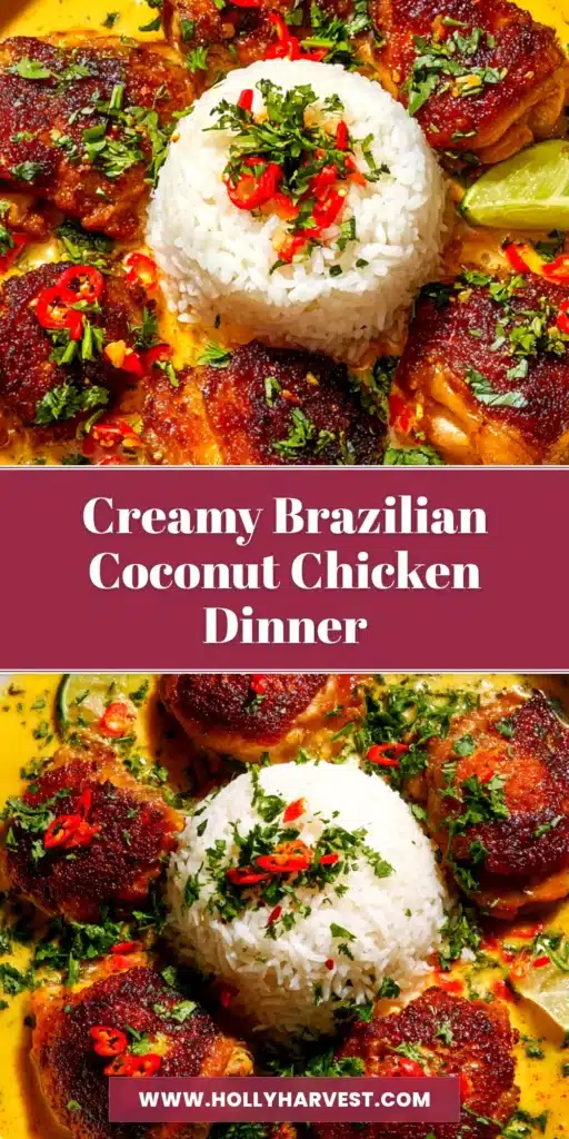 A beautiful overhead shot of creamy Brazilian Coconut Chicken in a white bowl, garnished with fresh cilantro and served with a lime wedge.