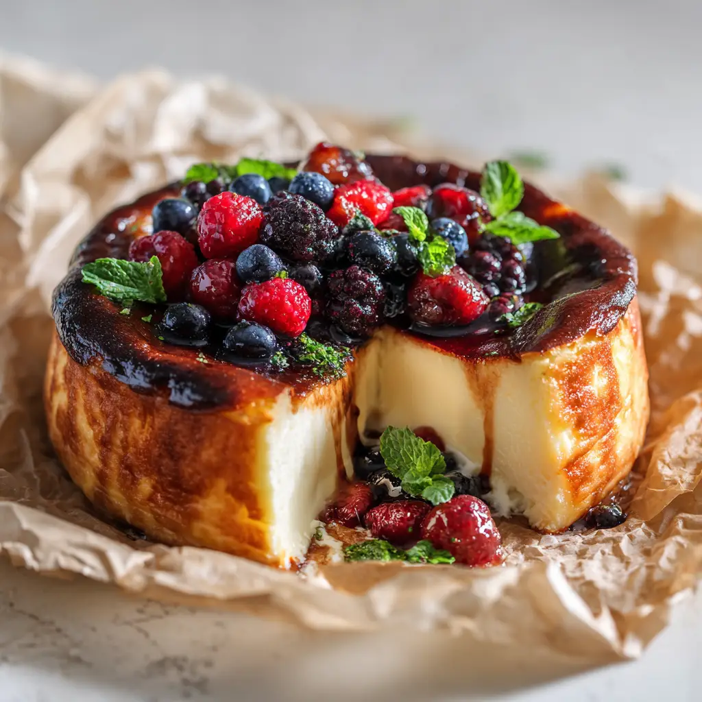 The creamy, smooth batter for the Citrus Berry Burnt Cheesecake being poured into the parchment-lined springform pan before baking.