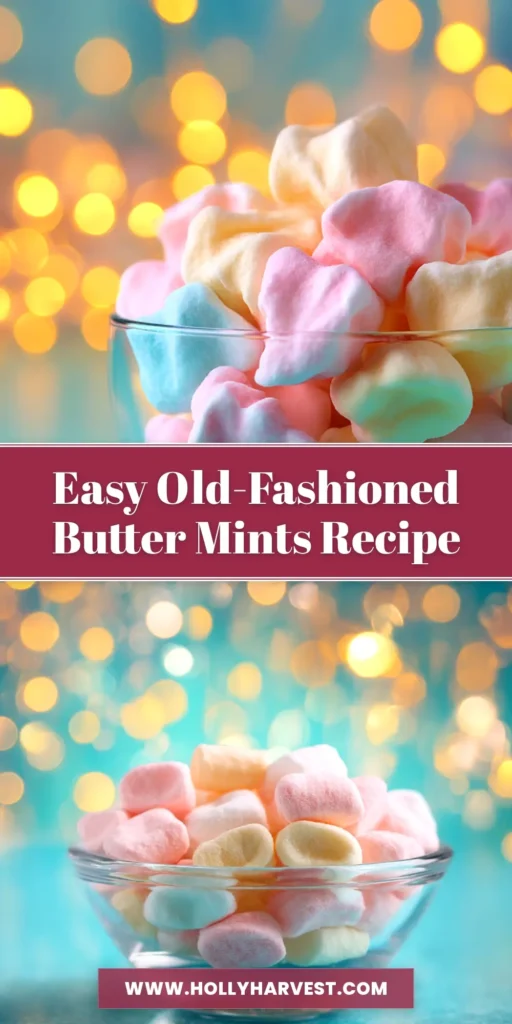 An overhead shot of homemade butter mints arranged neatly. The pin text reads 'Easy Butter Mints Recipe - Melt-in-your-mouth!' This showcases the final result of the butter mints recipe.