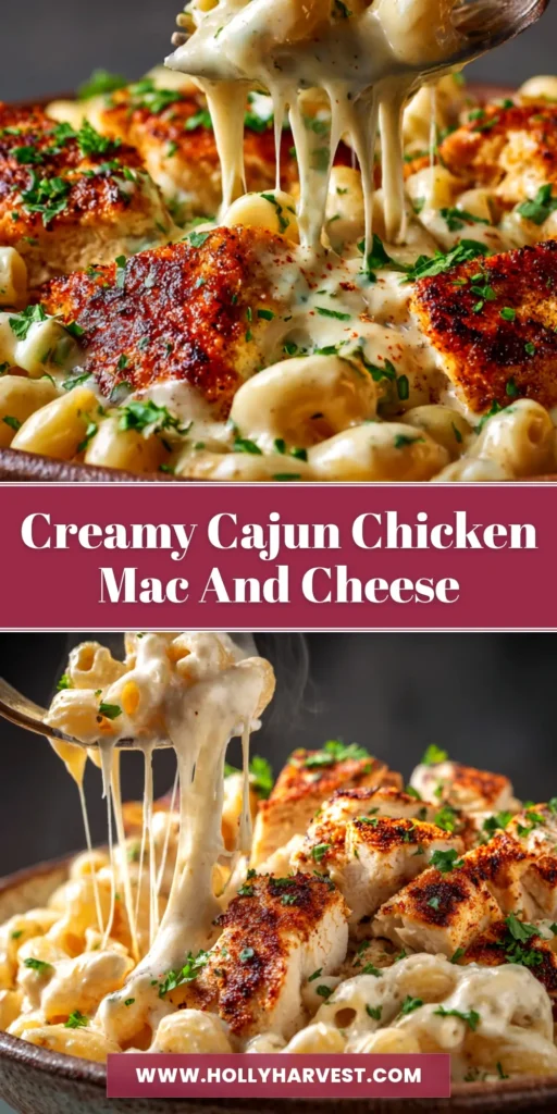 A large white bowl filled with creamy Cajun Chicken Mac and Cheese, garnished with fresh herbs. The perfect one-pot dinner recipe.