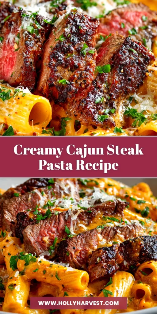 An overhead shot of creamy Cajun Steak Pasta in a white bowl, garnished with green onions. The perfect weeknight dinner recipe to save on Pinterest.