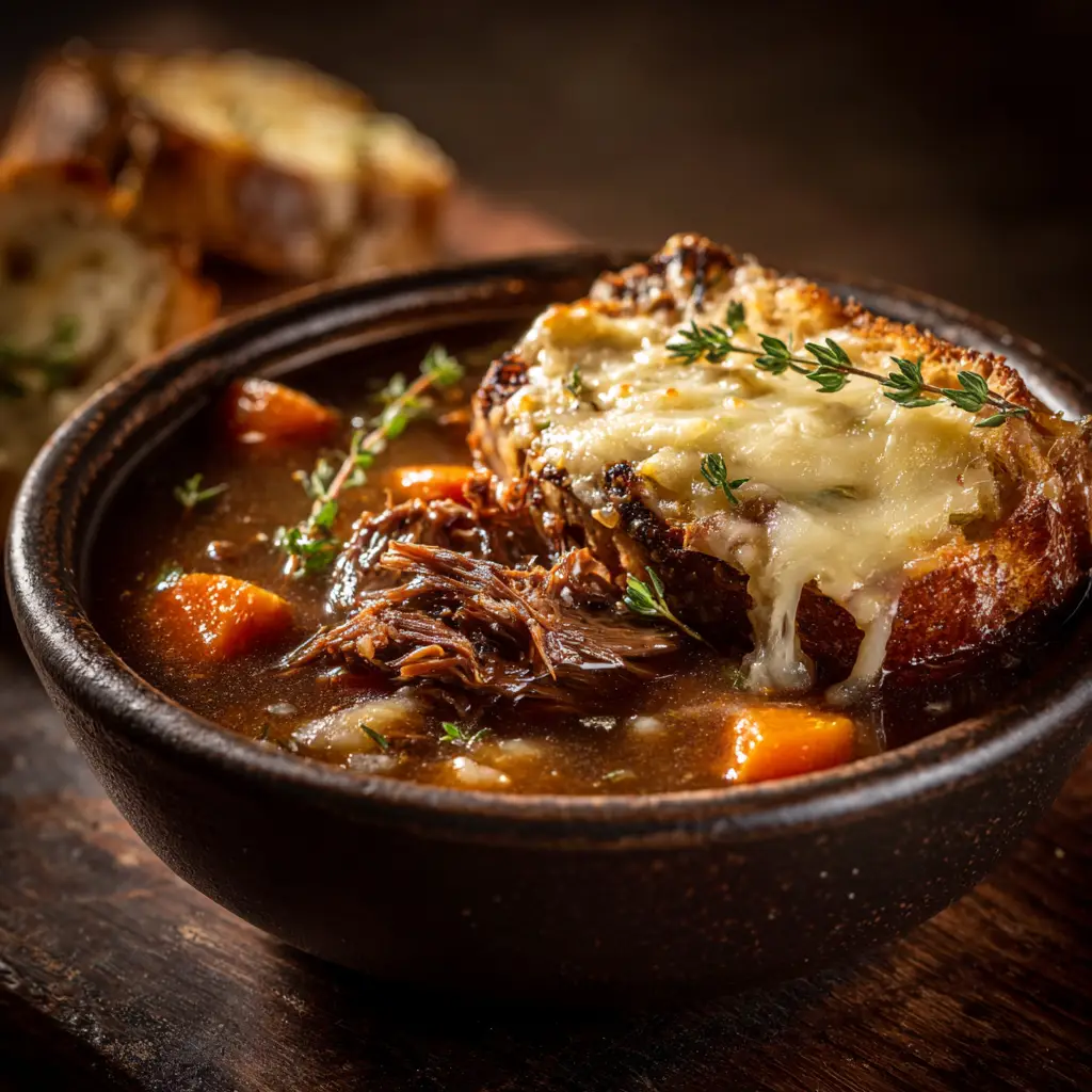 A step-by-step process shot showing deeply caramelized onions in a dutch oven for the French Onion Beef Short Rib Soup.