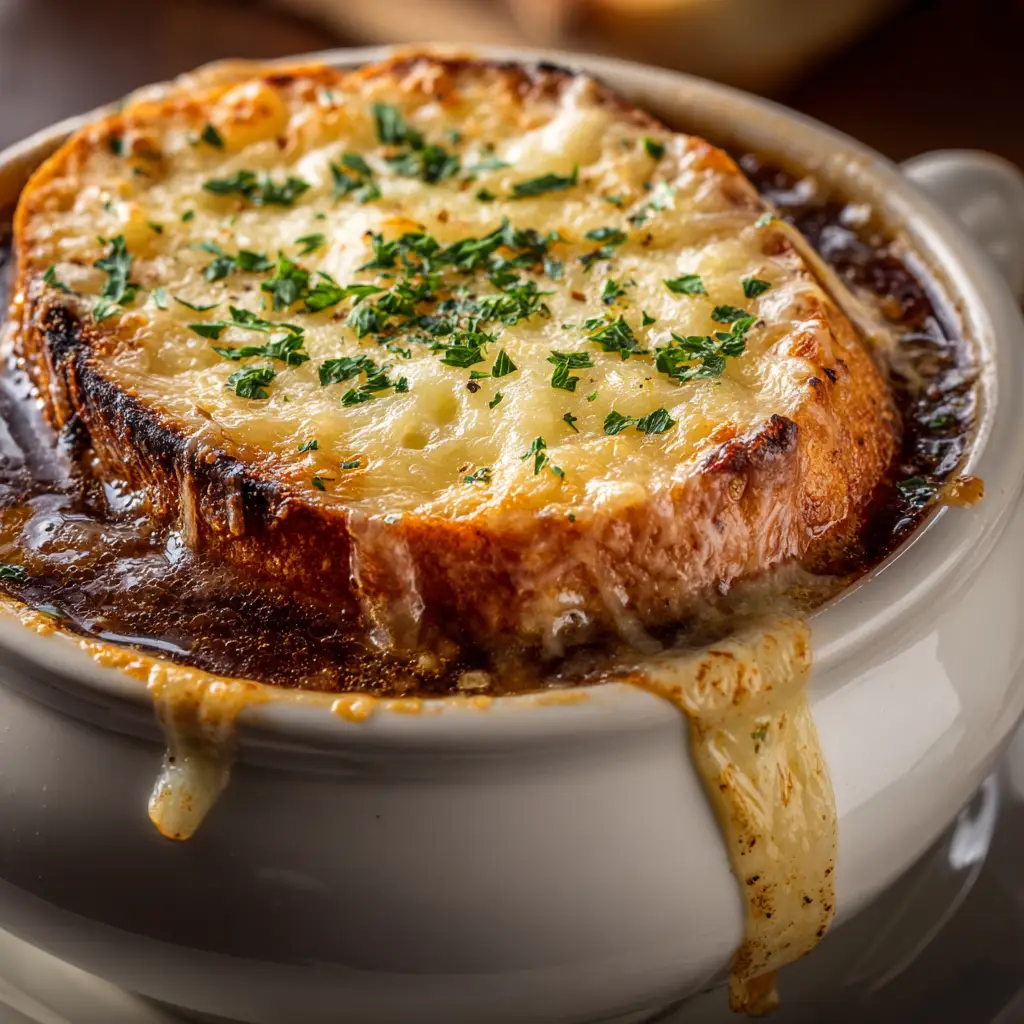 A close-up shot of caramelized onions in a pot, showing their deep brown color and jammy texture, an essential step for the best French Onion Soup.