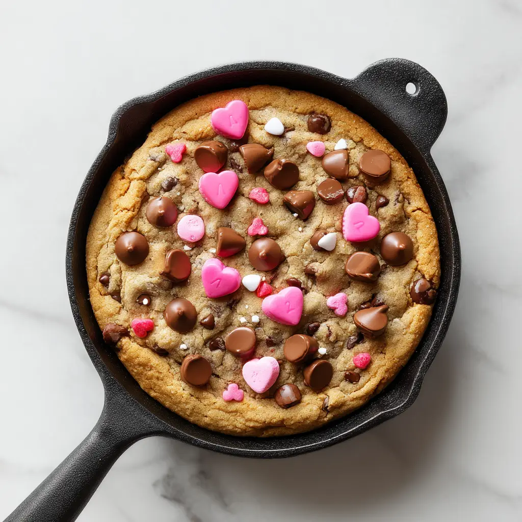 Valentine's Skillet Cookie (The Ultimate Gooey Dessert for Two) 2 A close-up overhead view of a golden-brown cast iron cookie, showing the melted chocolate chips and crispy edges.