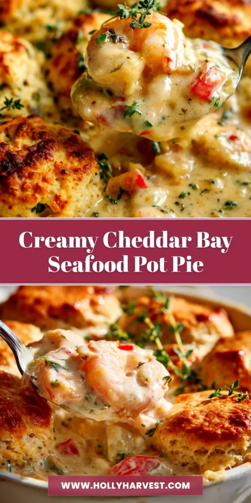 Cheddar Bay Biscuit Seafood Pot Pie (Better Than Red Lobster!) 4 A delicious Cheddar Bay Biscuit Seafood Pot Pie in a cast iron skillet, with a golden brown biscuit topping and creamy seafood filling peeking through. The perfect comfort food dinner recipe.