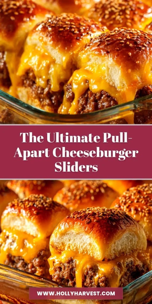 Cheeseburger Sliders: The Ultimate Party Favorite 3 A shareable pin image of delicious cheeseburger sliders, showing a batch of golden-brown baked sliders in a dish, with text overlay for Pinterest.
