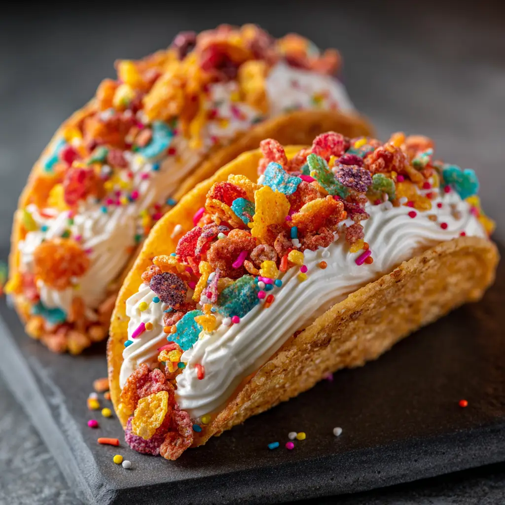 A close-up view of the creamy cheesecake filling inside a crunchy Fruity Pebbles taco shell, with extra cereal sprinkled on top for garnish.