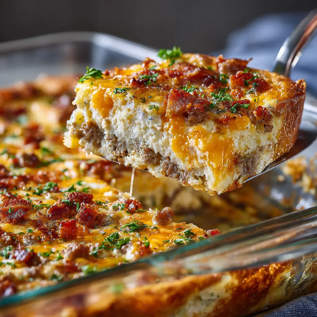 A corner slice being lifted from an easy breakfast casserole, showing the cheesy, layered interior of eggs, bread, and sausage.