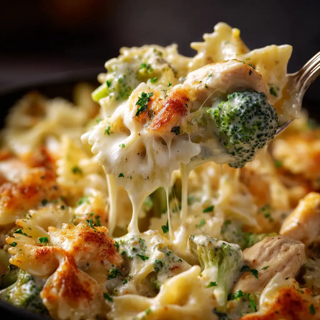 An extreme close-up shot of the cheesy chicken alfredo casserole, highlighting the melted mozzarella and tender pieces of chicken and broccoli.