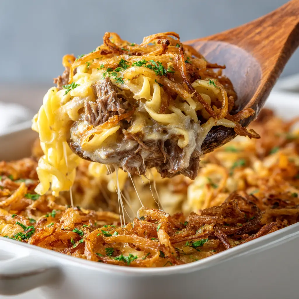 French Onion Beef Casserole: The Ultimate Comfort Food 1 A scoop of cheesy ground beef casserole being lifted from a baking dish, with strings of melted Gruyère cheese stretching.