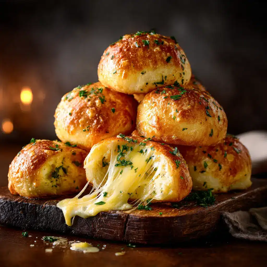 Garlic Cheese Bombs (The Ultimate Easy Appetizer) 2 A close-up of cheesy garlic biscuit bombs on a baking sheet, fresh out of the oven and glistening with garlic butter.
