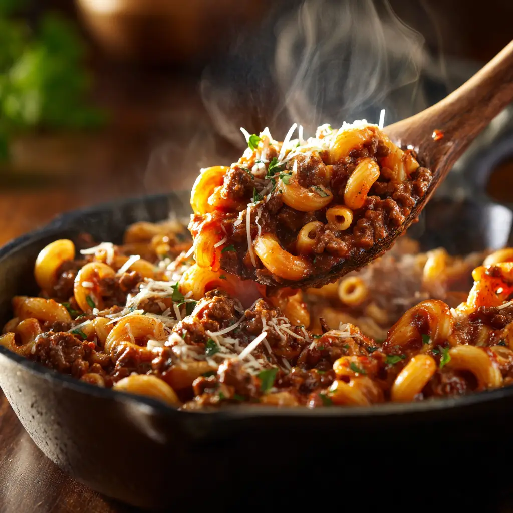 A spoonful of hearty ground beef goulash being lifted from a pot, showcasing the cheesy, saucy macaroni.