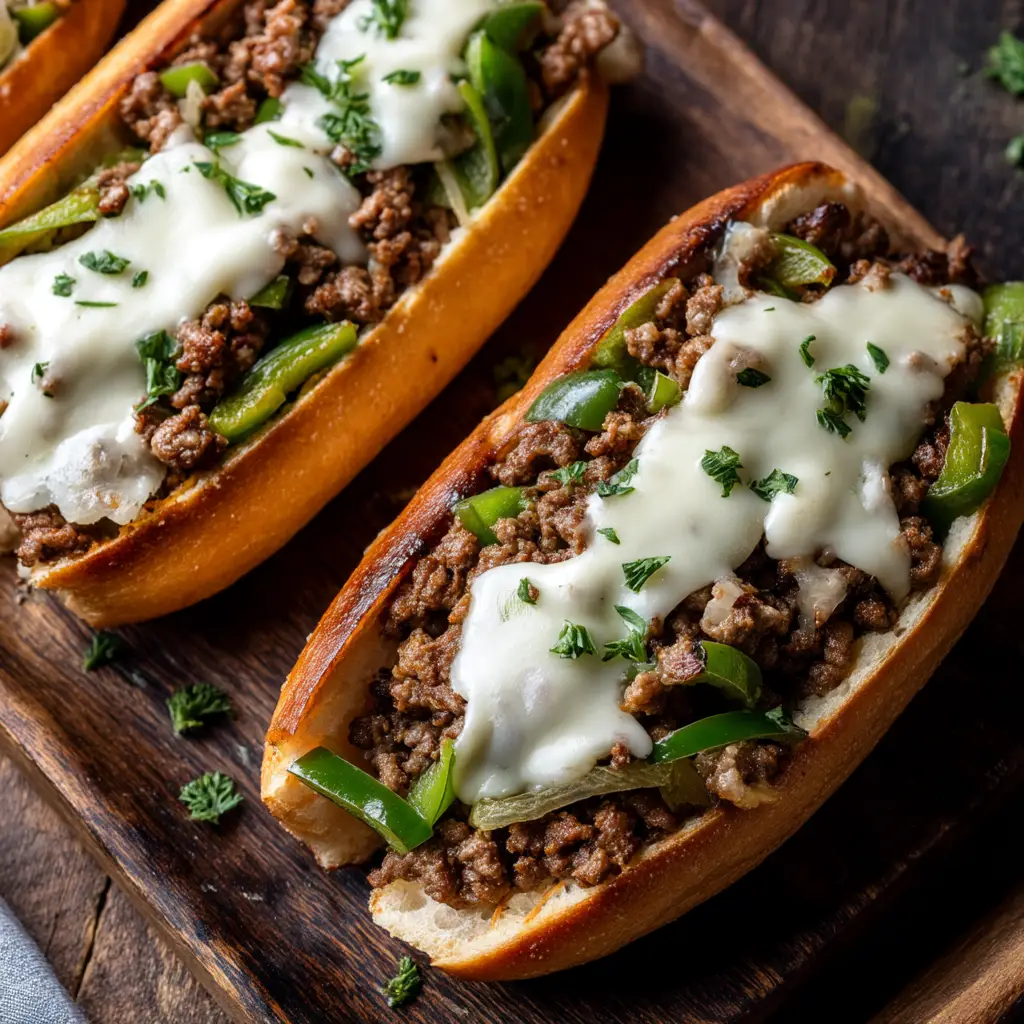 A close-up view of the cheesy ground beef filling for the Philly cheesesteak sandwiches being cooked in a skillet. This showcases the step before assembling the quick weeknight meal.