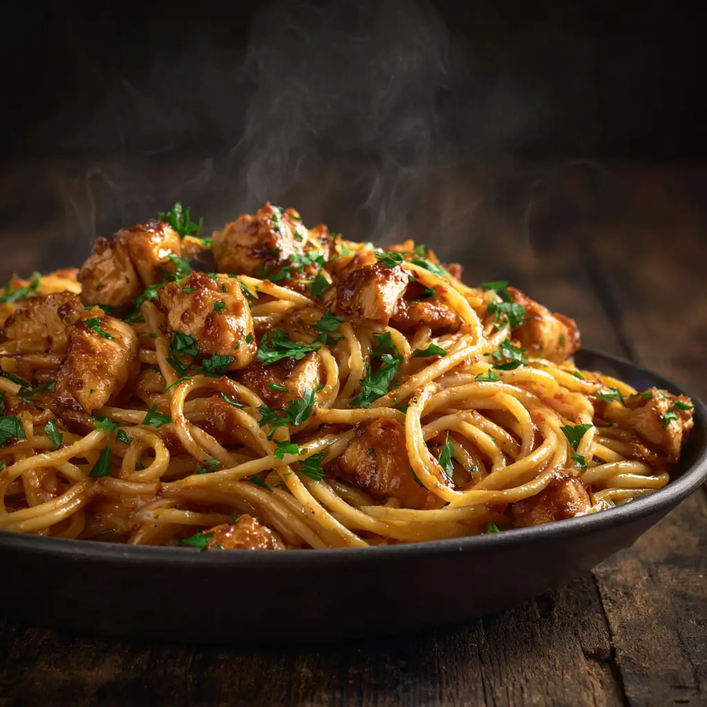 Monterey Chicken Spaghetti: The Ultimate Cheesy BBQ Pasta Bake 2 A scoop of cheesy Monterey Chicken Spaghetti being lifted from a baking dish, showcasing the creamy BBQ sauce and tender chicken.