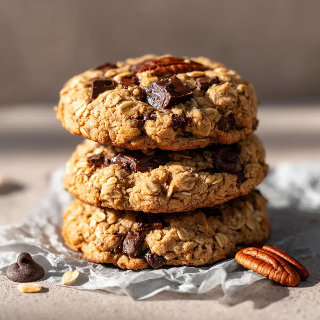 A close-up shot of a stack of three thick and chewy gluten-free oatmeal cookies, showing their soft texture and golden-brown edges.