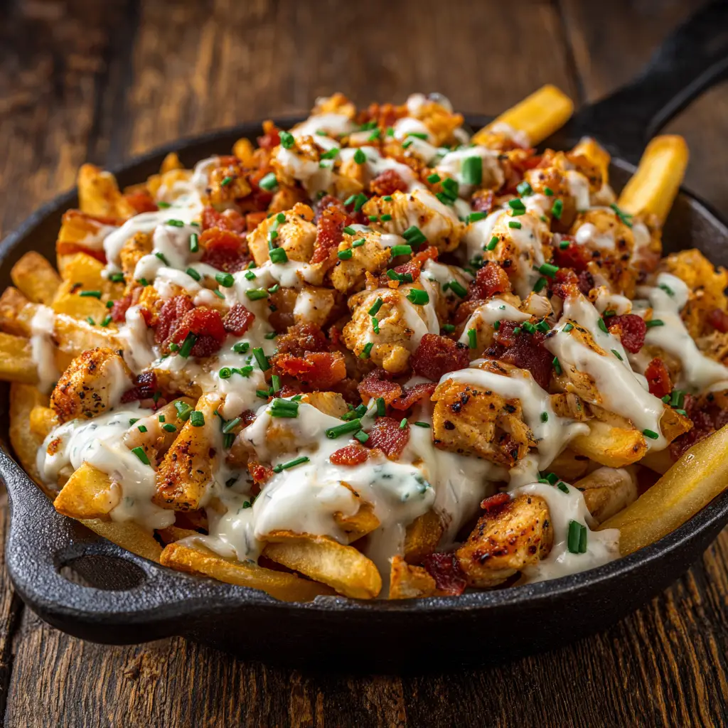 A serving of chicken and bacon loaded fries on a plate, garnished with fresh green onions and ready to be eaten.