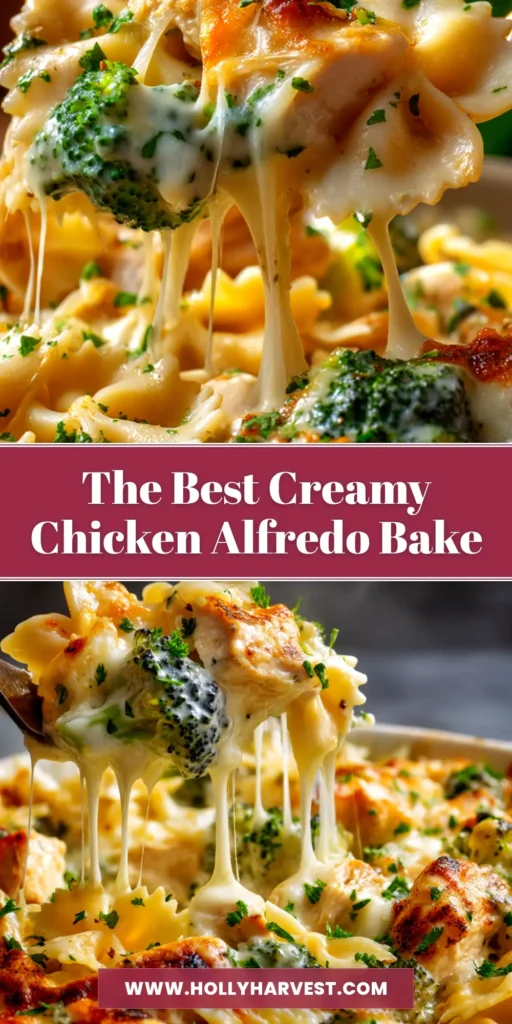 A top-down view of a freshly baked Chicken and Broccoli Alfredo Bake in a white casserole dish, showing a golden cheesy crust and a creamy sauce.