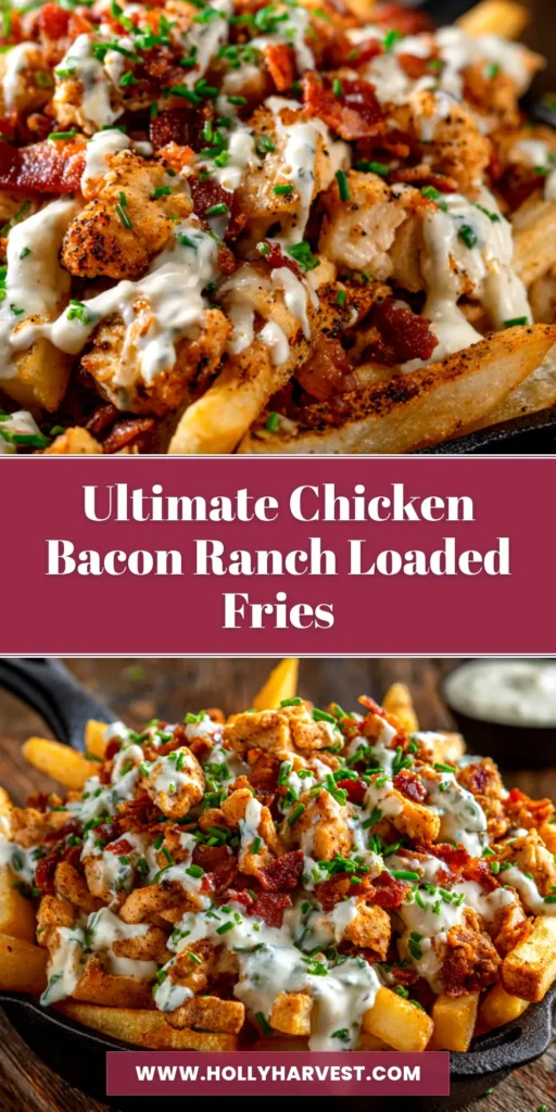 A top-down view of a large platter of Chicken Bacon Ranch Fries, generously topped with melted cheese, crispy bacon, and a drizzle of ranch dressing.