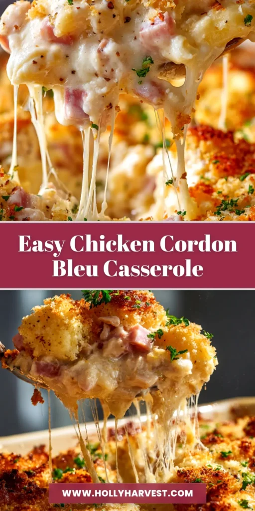 A top-down view of a golden-baked Chicken Cordon Bleu Casserole in a white baking dish, ready to be served.