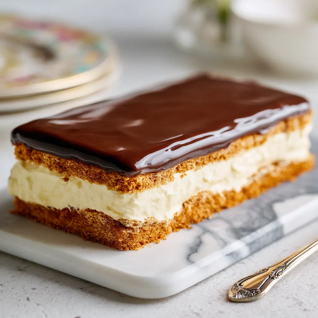 Chocolate Eclair Cake: The Ultimate No-Bake Dessert 1 A close-up of the layers inside the Chocolate Eclair Cake, showing the softened graham crackers and creamy vanilla pudding filling.